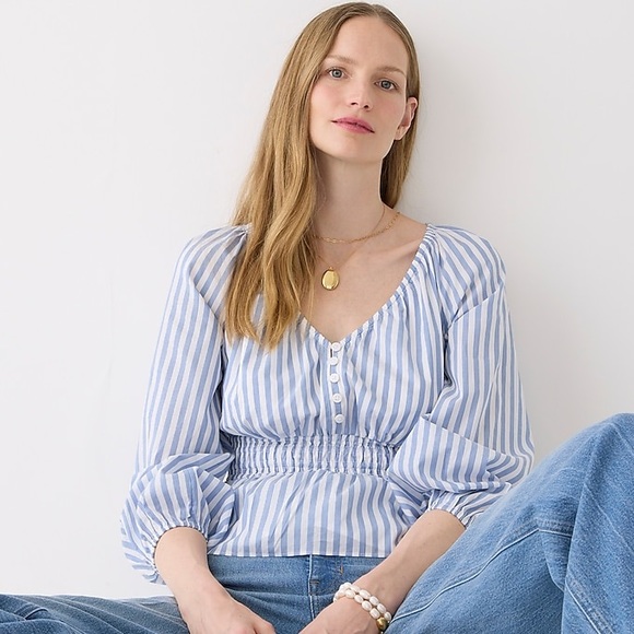 J. Crew Tops - NWT- J. Crew V-neck smocked-waist top in stripe cotton lawn - M